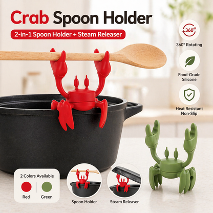 🦀✨MCOIKY®Cute Crab Silicone Utensil Rest & Pot Clip - 2-in-1 Heat Resistant Spoon Holder & Steam Releaser | BPA-Free Fun Kitchen Gadgets