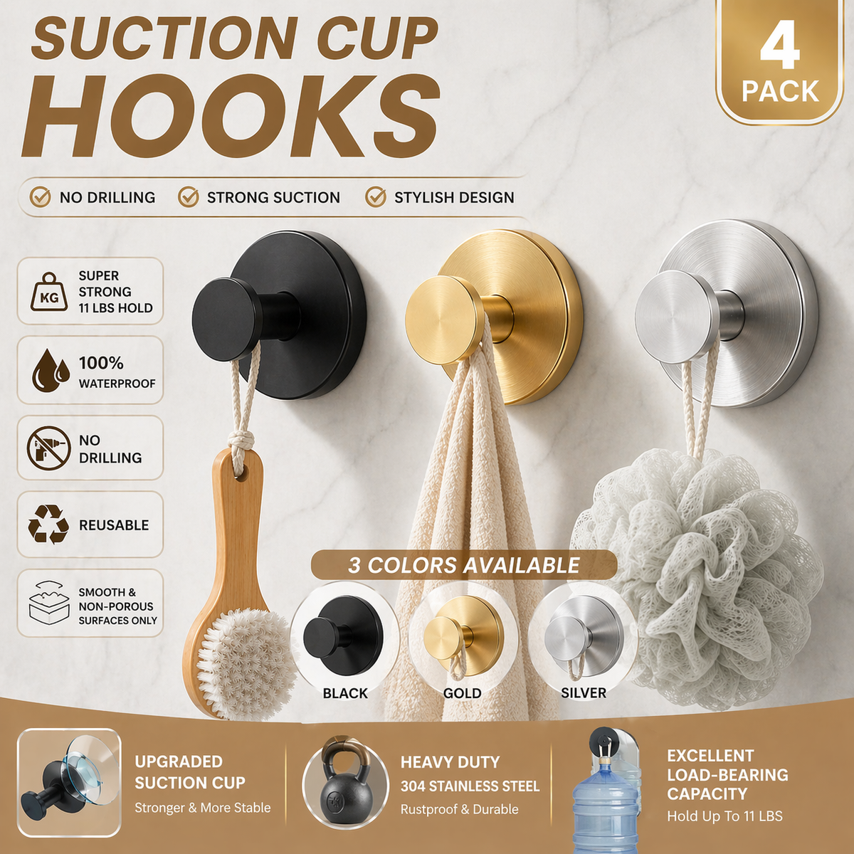 ✨MCOIKY®Heavy Duty Vacuum Suction Cup Hooks | No-Drill Waterproof 304 Stainless Steel Towel Hooks for Bathroom, Shower Glass, Kitchen & Wreaths