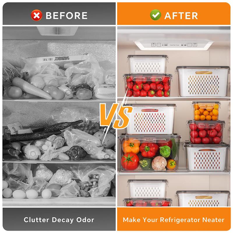🥬🔥MCOIKY®Multi-Size Fridge Organizers and Storage - Stackable Produce Saver Containers with Removable Colander, BPA-Free Fresh Keeper for Fruit, Veggies & Berries