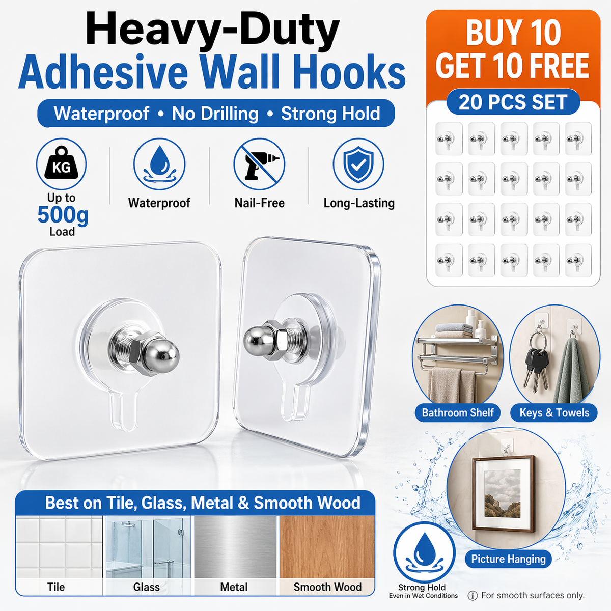 🛠️🔥MCOIKY®Damage-Free Self-Adhesive Picture Hooks 20 Pcs(Buy 10 Get 10 Free) | Heavy-Duty, No-Drill Waterproof Wall Hangers for Home Organization & Decor