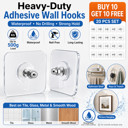 🛠️🔥MCOIKY®Damage-Free Self-Adhesive Picture Hooks 20 Pcs(Buy 10 Get 10 Free) | Heavy-Duty, No-Drill Waterproof Wall Hangers for Home Organization & Decor