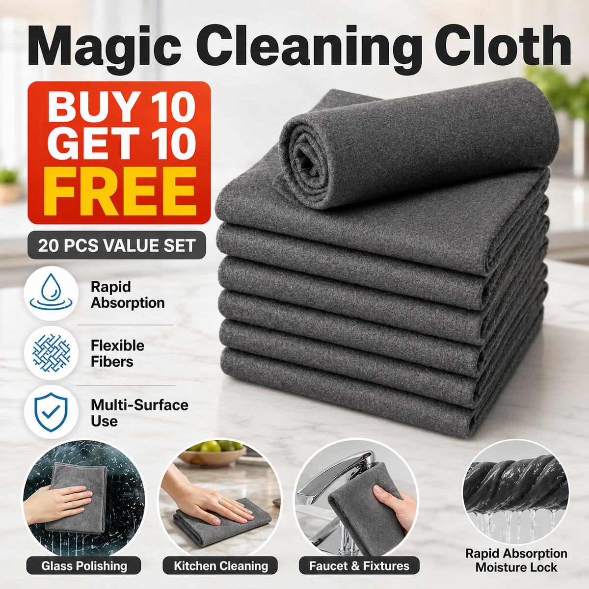 ✨LUCKYSONG®[BUY 10 GET 10 FREE] Thickened Magic Cleaning Cloth | Reusable Streak-Free Microfiber Towels for Glass, Windows, Mirrors & Cars